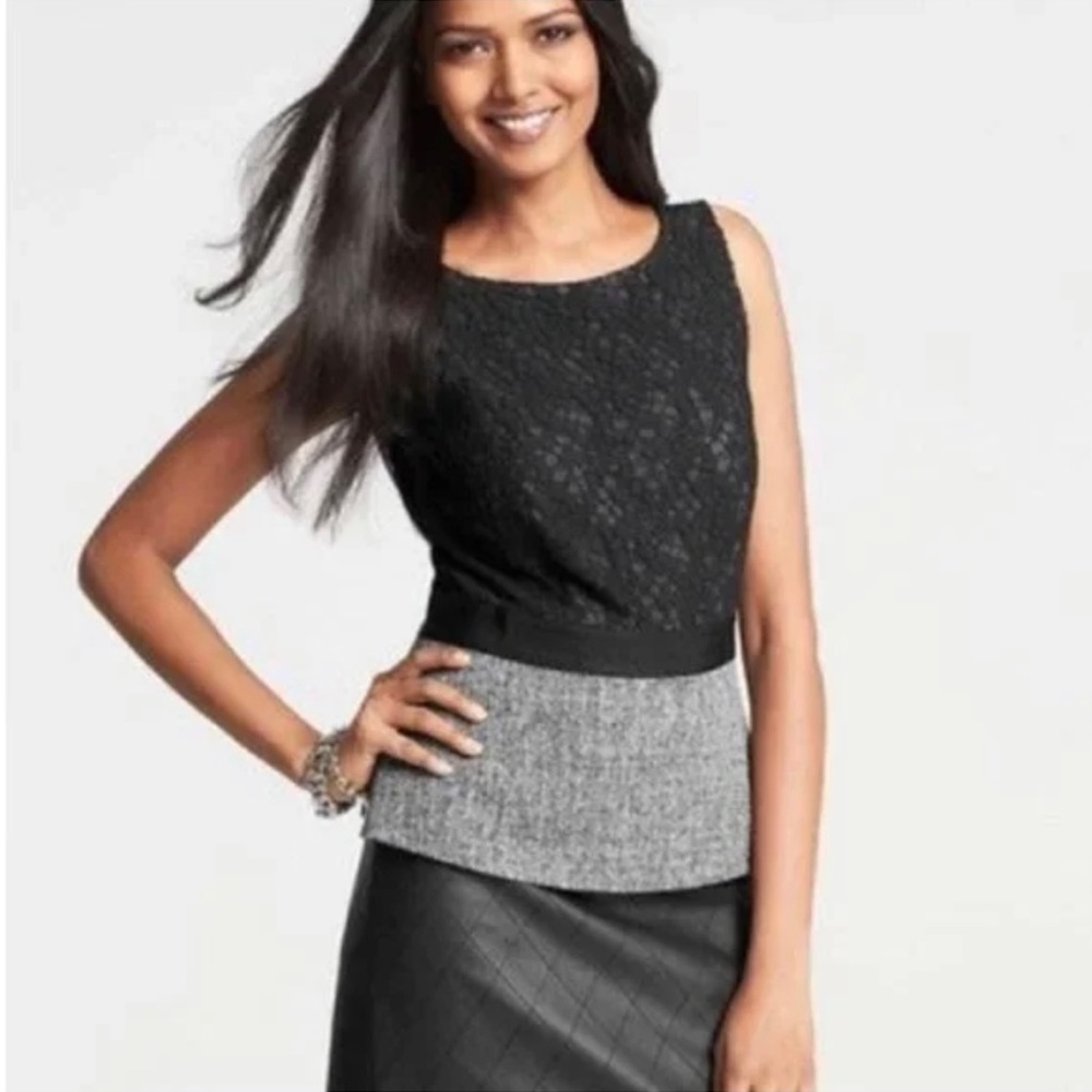 Ann Taylor Womens Black and Gray Lace Sleeveless Zip Crew Neck Tank Top Size 2P